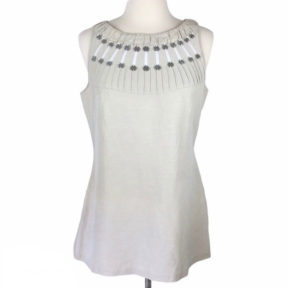 Tory Burch Silk Linen Blend Embellished Tank Top - Picture 1 of 6
